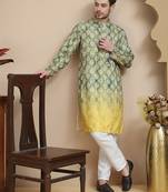 Green digital printed kurta pyjama set for men