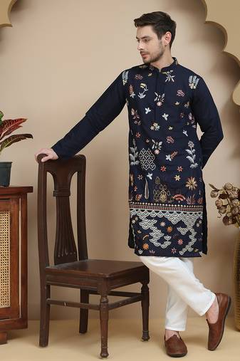 Blue floral embroidered and sequins kurta set for men