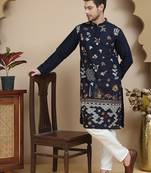 Blue floral embroidered and sequins kurta set for men