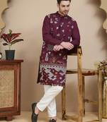 Purple floral embroidered and sequins kurta set for men