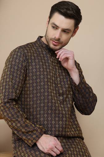 Brown jacquard silk straight kurta pyjama set for men