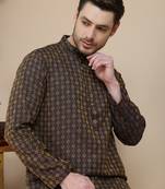 Brown jacquard silk straight kurta pyjama set for men
