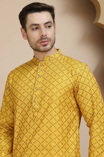 Yellow jacquard silk straight kurta pyjama set for men