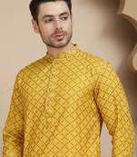 Yellow jacquard silk straight kurta pyjama set for men
