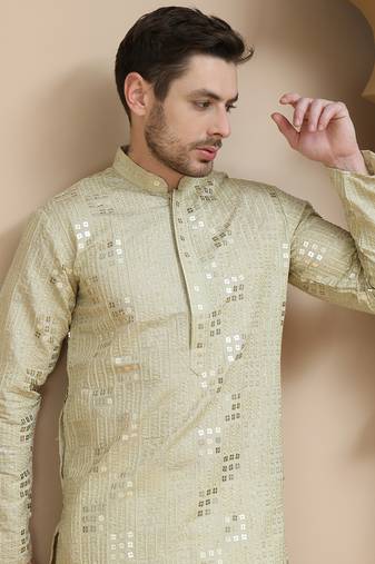 Green embroidered & sequins kurta pyjama  for men