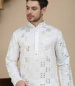 White embroidered & sequins kurta pyjama  for men
