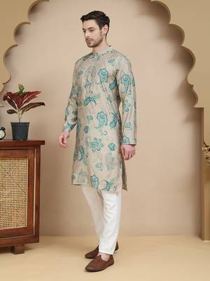 Beige stylish beige kurta set with artistic teal paisley print for men 1