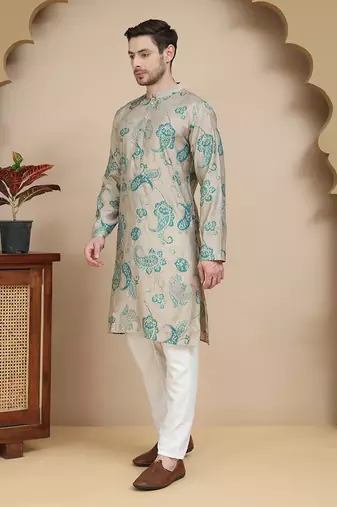 Beige stylish beige kurta set with artistic teal paisley print for men