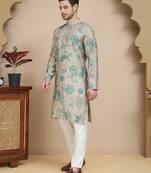Beige stylish beige kurta set with artistic teal paisley print for men