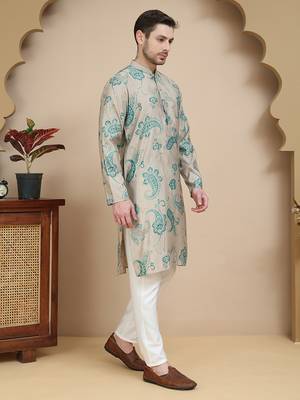 Beige stylish beige kurta set with artistic teal paisley print for men 2