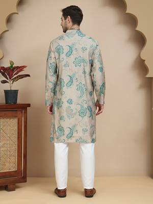 Beige stylish beige kurta set with artistic teal paisley print for men 3