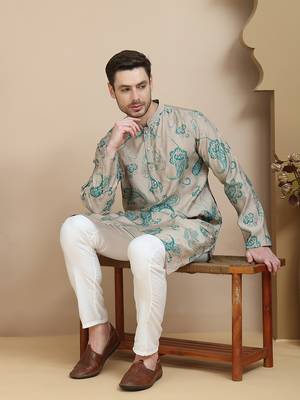 Beige stylish beige kurta set with artistic teal paisley print for men 4