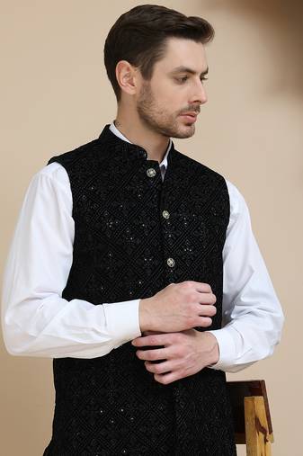 Black sequins velvet nehru jacket for men