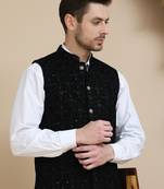 Black sequins velvet nehru jacket for men