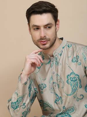 Beige stylish beige kurta set with artistic teal paisley print for men 5