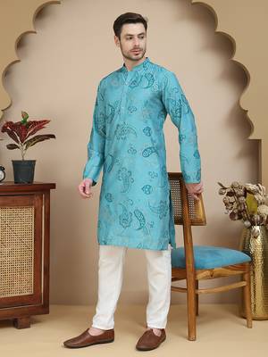 Blue stylish blue kurta set with artistic teal paisley print for men 1