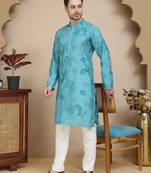 Blue stylish blue kurta set with artistic teal paisley print for men