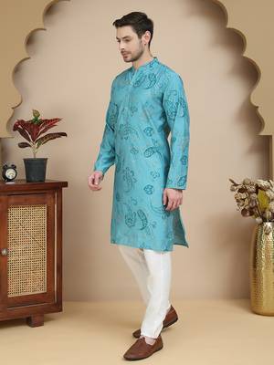 Blue stylish blue kurta set with artistic teal paisley print for men 2