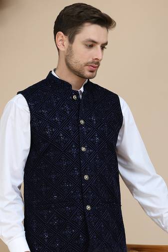 Blue sequins velvet nehru jacket for men