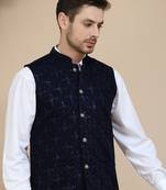 Blue sequins velvet nehru jacket for men