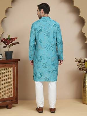 Blue stylish blue kurta set with artistic teal paisley print for men 3