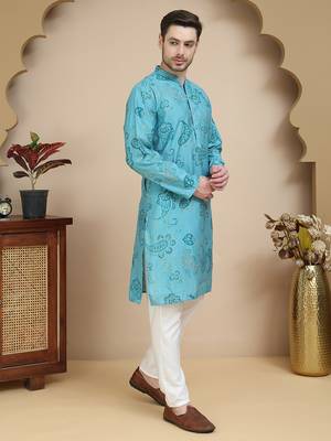 Blue stylish blue kurta set with artistic teal paisley print for men 4