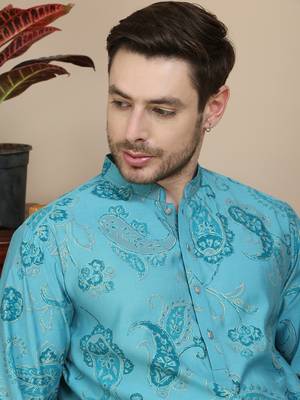 Blue stylish blue kurta set with artistic teal paisley print for men 5