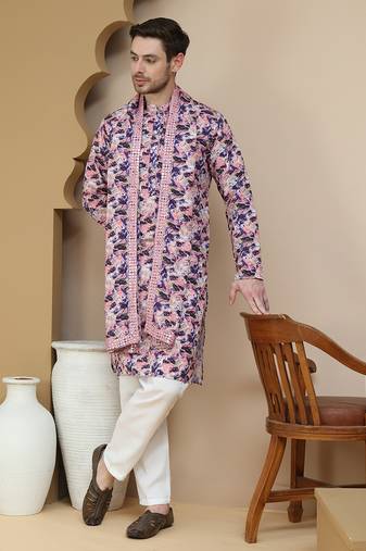 Purple abstract printed kurta pyjama with matching dupatta for men