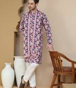 Purple abstract printed kurta pyjama with matching dupatta for men