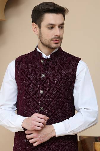 Purple sequins velvet nehru jacket for men