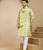 Yellow abstract printed kurta pyjama with matching dupatta for men