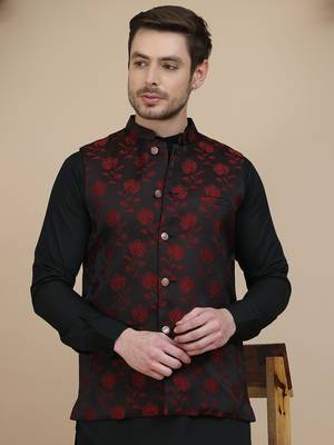 Black embossed nehru jacket for men 1