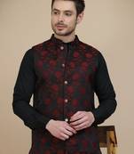Black embossed nehru jacket for men