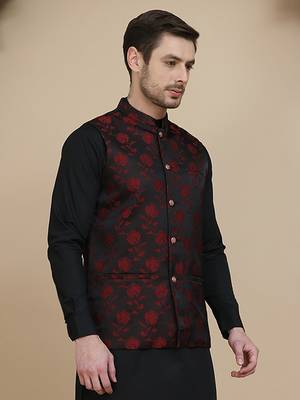 Black embossed nehru jacket for men 2