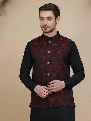 Black embossed nehru jacket for men 4
