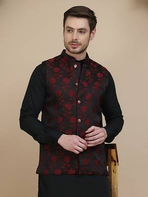 Black embossed nehru jacket for men 5