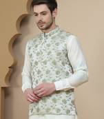 Green embossed nehru jacket for men