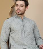 Grey embroidered cotton kurta with pyjama for men