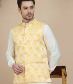 Yellow embossed nehru jacket for men