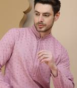 Pink embroidered cotton kurta with pyjama for men