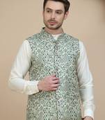 Blue woven design nehru jacket for men