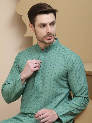 Green embroidered cotton kurta with pyjama for men 1