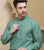 Green embroidered cotton kurta with pyjama for men