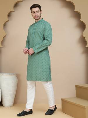 Green embroidered cotton kurta with pyjama for men 2