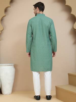 Green embroidered cotton kurta with pyjama for men 3