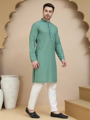 Green embroidered cotton kurta with pyjama for men 4