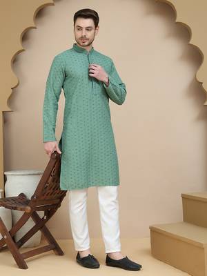Green embroidered cotton kurta with pyjama for men 5