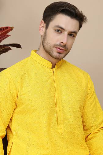 Yellow embroidered cotton kurta with pyjama for men