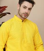 Yellow embroidered cotton kurta with pyjama for men