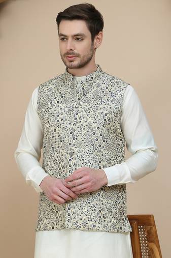 Blue woven design nehru jacket for men